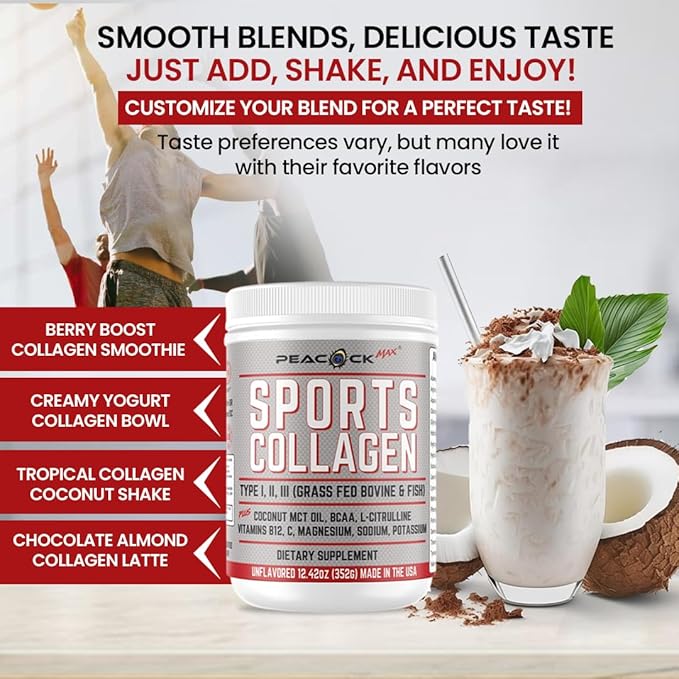 Sports Collagen Powder, 12.42 oz, Pack of 2 - Grass Fed Bovine & Wild Fish Hydrolyzed Type I, II, III Multi Collagen Peptides, Unflavored Protein Powder with BCAA, Magnesium & Electrolytes