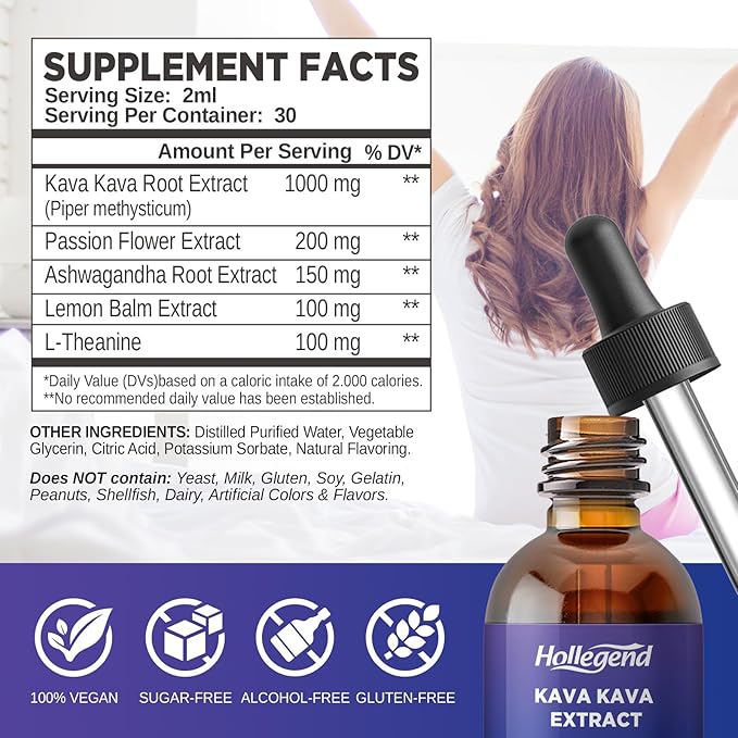 Kava Kava Root Extract Liquid Drops, 5 in 1 Blend with Ashwagandha, Lemon Balm, L-Theanine, Kava Tincture Supplement for Stress Relief, Sleep, Brain Health, 2 Fl Oz