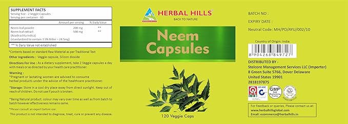 HERBAL HILLS Neem Capsules 120 Vegie Capsules Neem Leaf Azadirachta Indica 700 mg Powder and Extract Blend in a Capsule
