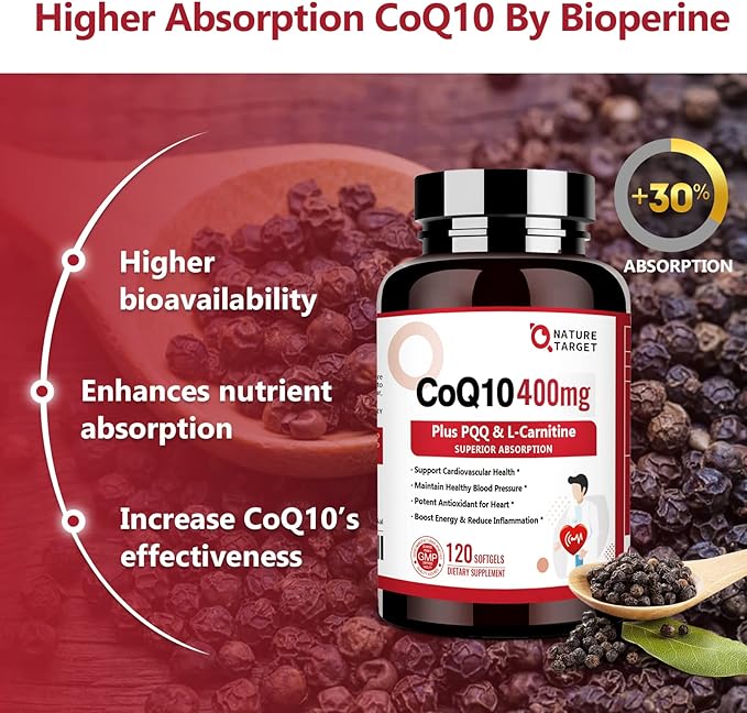 NATURE TARGET CoQ10-400mg with PQQ, Omega-3s & L-Carnitine, High Absorption Coenzyme-Q10 with BioPerine, Supports Heart, Brain, Immune System, Energy Production, 120 Servings
