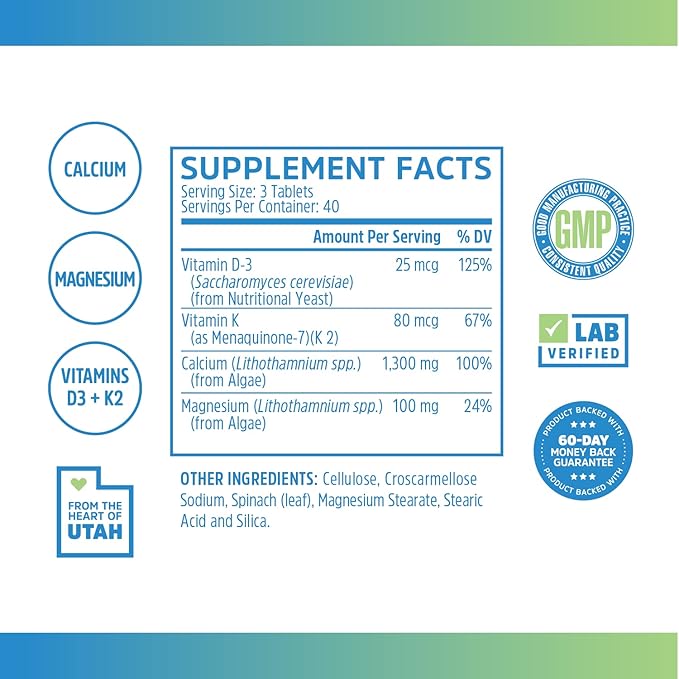 Zhou Nutrition Calcium Greens, Bone Support Superfood, Calcium Magnesium Supplement from Algae, Vitamin D3 K2, 1300mg of Calcium, 120 Tablets