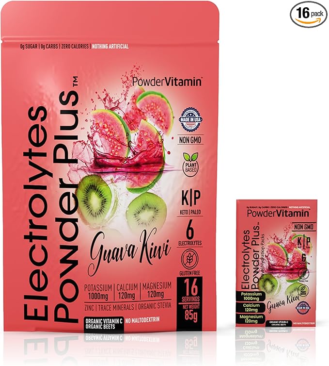 Electrolytes Powder Plus, Keto, Guava Kiwi, Sugar Free, Pink Himalayan Salt, 1000mg Potassium, 120mg Calcium, 120mg Magnesium, Non-GMO, Zero Calories, (16 Hydration Packets)