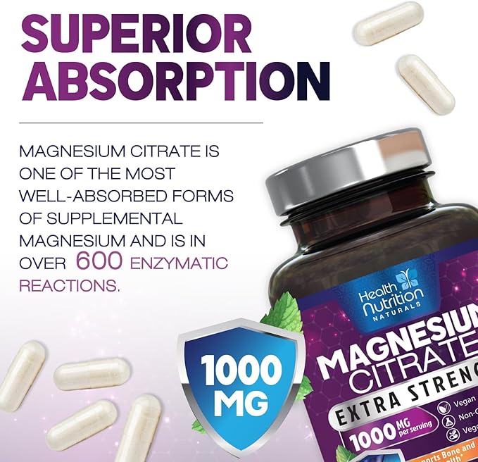 Magnesium Citrate Capsules 1000mg - Max Absorption Magnesium Powder for Muscle, Nerve, Bone and Heart Health Support, High Absorption Citrate Complex, Gluten Free, Non-GMO - 180 Capsules