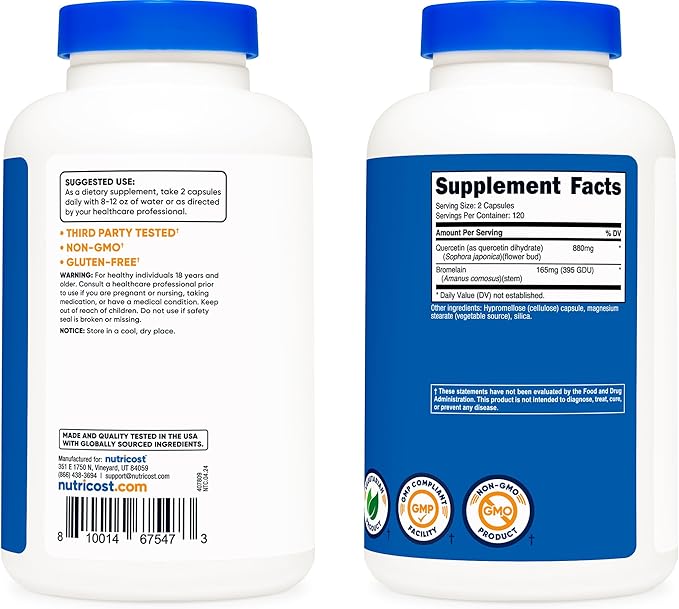Nutricost Quercetin 880mg, 240 Vegetarian Capsules with Bromelain (165mg) - 120 Servings (440mg Quercetin Per Cap) - Gluten Free, Non-GMO