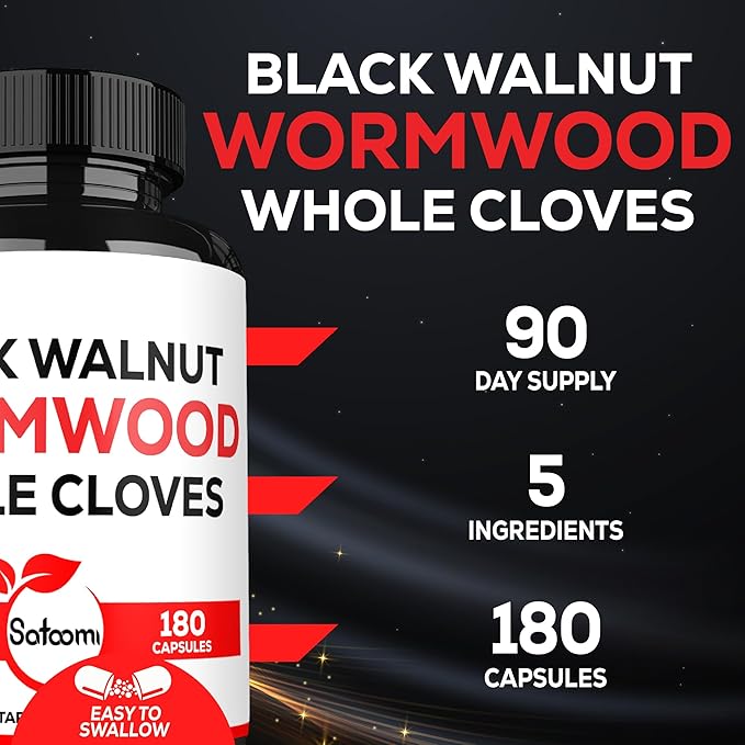 Satoomi 5 in 1 Wormwood Capsules Supplement - Extracted from Black Walnut, Whole Cloves, Turmeric and Berberine HCl - Immune System & Digestion Health - 180 Count -90 Day Supply