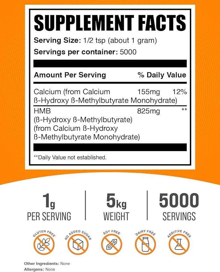 BulkSupplements.com HMB Powder - as Calcium HMB, Beta-Hydroxy Beta-Methylbutyrate - HMB Powder Supplements, Gluten Free - 1000mg per Serving, 5kg (11 lbs) (Pack of 5)