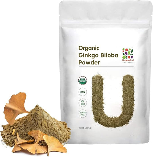 UNLEASH'D ORGANIC Organic Ginkgo Biloba Powder 16 oz Supports Brain Function and Mental Alertness Vegan Friendly Raw and Non-GMO