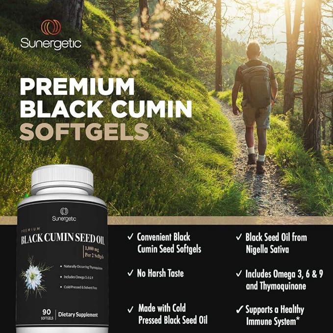 Sunergetic Premium Black Cumin Seed Oil Softgels – 1,000mg of Black Seed Oil Per Serving – Non GMO Cold Pressed Nigella Sativa – Includes Thymoquinone & Omega’s - 90 Softgels