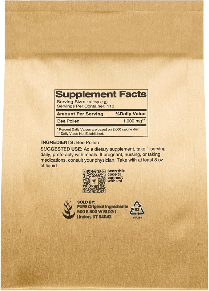 PURE ORIGINAL INGREDIENTS Bee Pollen, 4 oz, No Fillers, Undiluted Pure Supplement