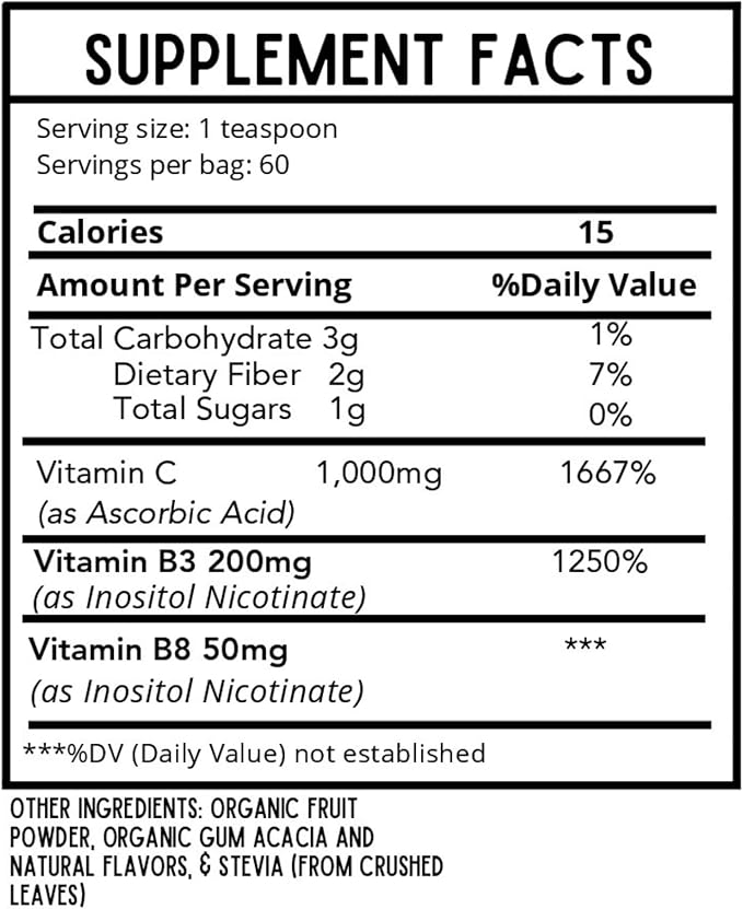 Kids Defense Powder | Orthomolecular Dose of 1000 mg Vitamin C and 250 mg B3 | Pure, Corn Free, & GMO-Free | Cotton Candy Flavor | 60 Servings