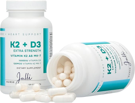 Vitamin K2 + D3 Extra Strength Supplement - 120 Capsules with MK-7 for Bone and Heart Health Support - Essential Nutrients for Calcium Absorption and Immune Function