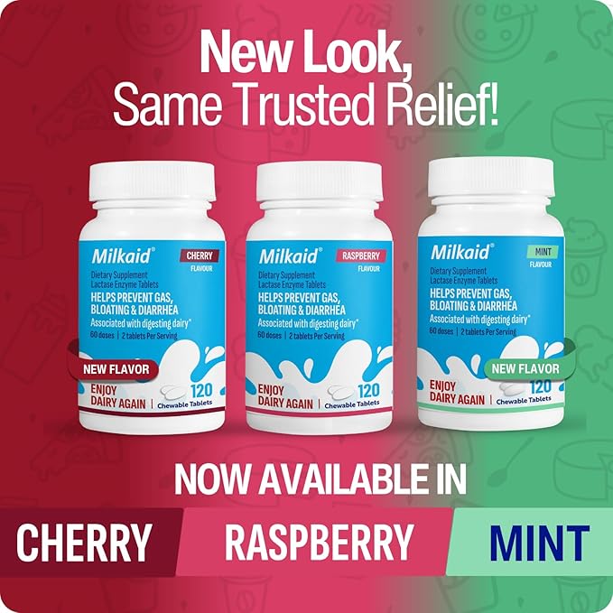 Milkaid Lactase Enzyme Chewable Tablets for Lactose Intolerance Relief | Prevents Gas, Bloating & Diarrhea | Fast Acting Dairy Digestive Supplement (120 Tablets, Mint)