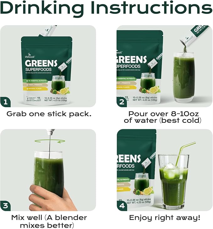 Greens Superfood Powder Packets, 0 Sugar, 40+ Superfoods Drink Mix, Fiber, Prebiotics, Red Ginseng & Saffron, Daily Live It Up Super Greens Powder, Immune Support & Energy, Unflavoured, 15 Packets