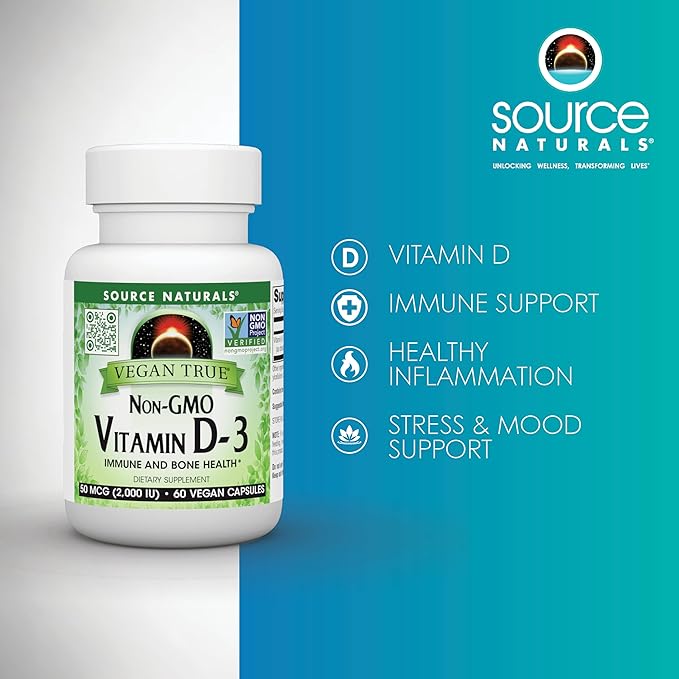 Source Naturals Vegan True, Non-GMO Vitamin D-3, Dietary Supplement for Immune and Bone Health*, 2,000 IU - 60 Capsules