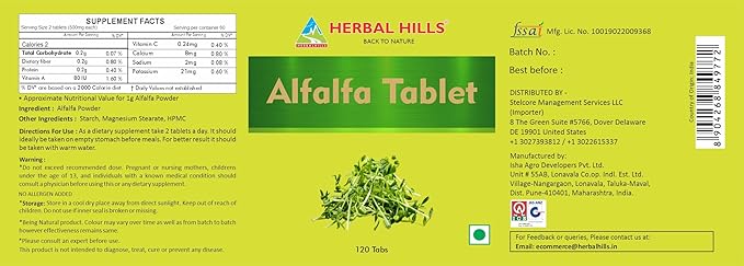 HERBAL HILLS Alfalfa Tablets | 120 Count | Source of Vitamin A | Natural Green Superfoods