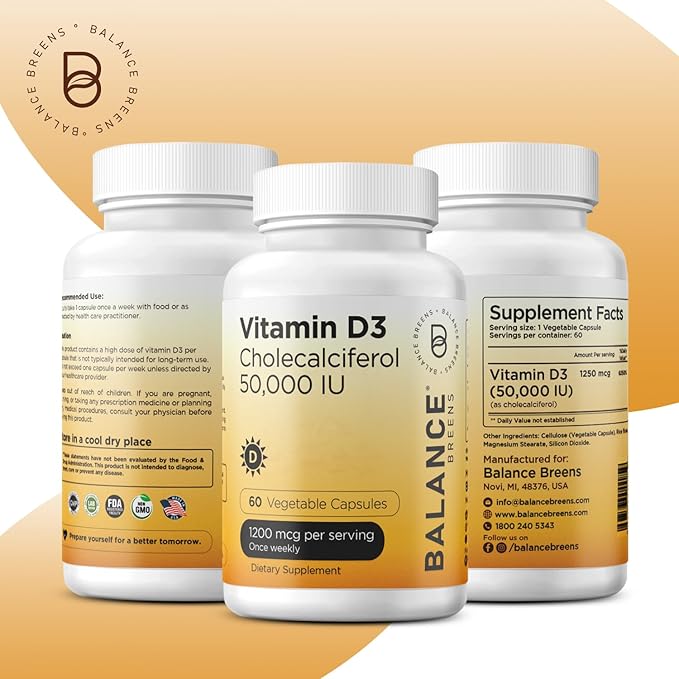 Balancebreens Vitamin D3 50,000 IU, 60 Veggie Capsules - High Potency, Supports Immune & Bone Health - Weekly Once