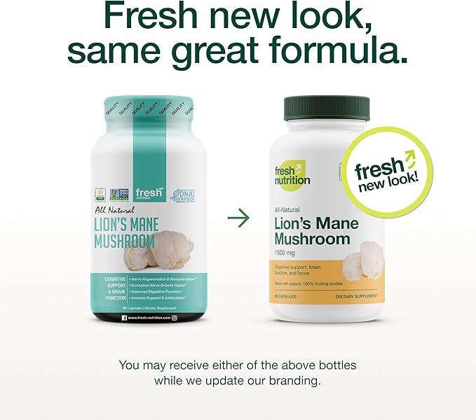 Fresh Nutrition Organic Lions Mane Mushroom Capsules - Strongest DNA Verified Formula - Rich in Alpha Glucan - Powerful Superfood Supplement - Brain, Immune System Benefits - Vegan Friendly