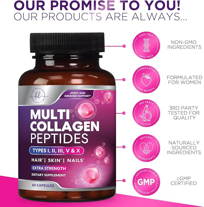 Best Collagen Peptides for Women - Multi-Collagen Hydrolyzed Complex 5 Types, Grass Fed Peptides for Hair, Skin, Nail, Bone & Joint Health Support, Collagen Powder Caps for Women & Men - 60 Capsules