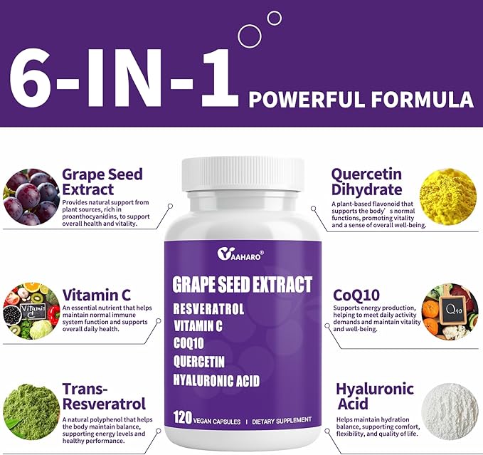 Grape Seed Extract Capsules - 400mg Grape Seed Extract Organic Supplements with Vitamin C, Resveratrol, Quercetin, CoQ10 & Hyaluronic Acid for Women & Men - 120 Capsules, 60 Days Supply