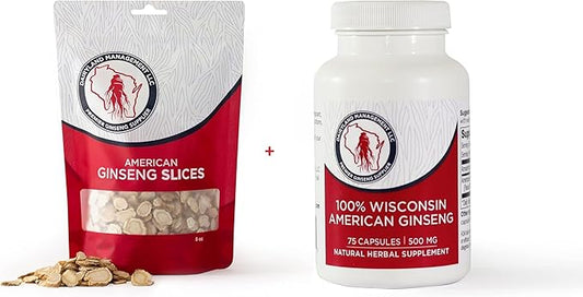 Dairyland American Ginseng Slices 8 oz and Capsules 75 ct Pack of Wisconsin Ginseng – Direct from Farmer to Consumer 西洋参