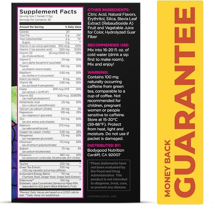 Pureboost Immune Clean Energy Booster, Refreshing Energy Drink Mix and Immunity Supplement with Elderberry, 1,200 mg Vitamin C, Vitamins A + D, and Zinc. (Elderberry Power, 30 Count)