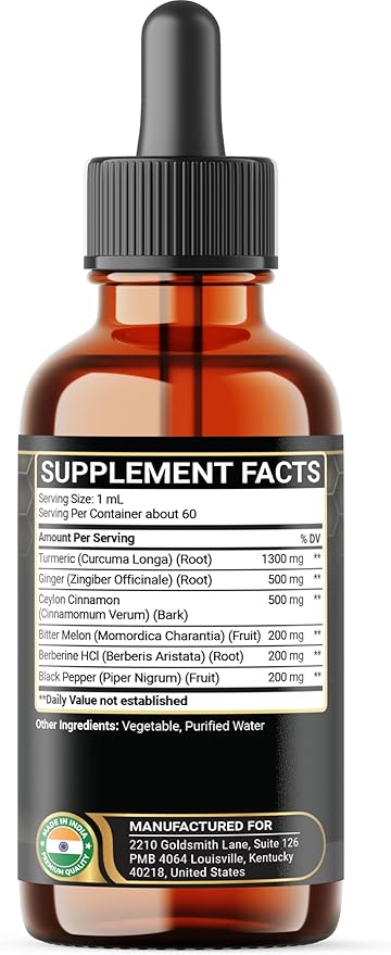 6in1 Liquid Turmeric Curcumin with Ginger, Berberine Extract, Ceylon Cinnamon, Bitter Melon, Black Pepper - Drops Extract - 2FL oz - 60 Servings