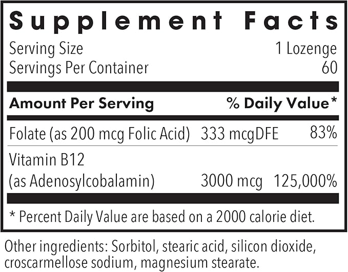 Allergy Research Group B12 Adenosylcobalamin Supplement - with Folic Acid, Vitamin B12 3000 mcg, Folate, Pure B12, Vegetarian Lozenges - 60 Count