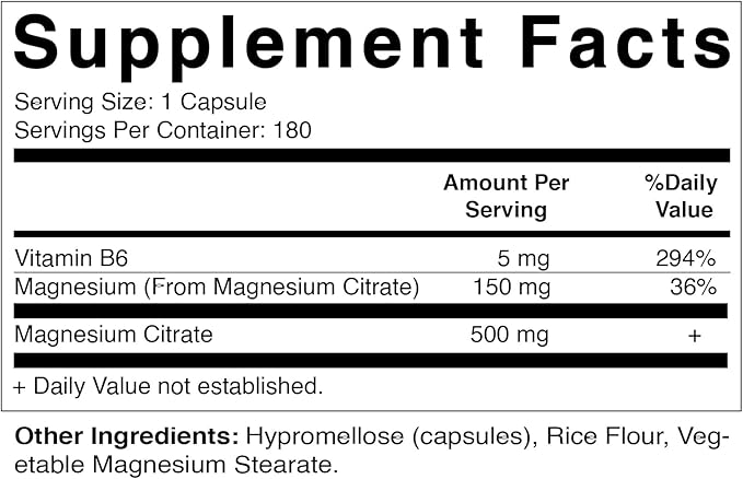 Vitamatic Magnesium Citrate 500mg per Serving - 180 Vegetarian Capsules (Provides 150 mg of Elemental Magnesium) - Added B6 for Maximum Absorption - Supports Muscle, Joint, and Heart Health*