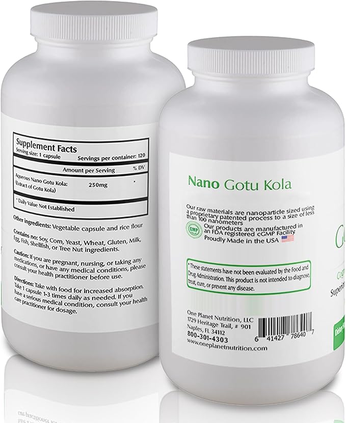 Nano Gotu Kola 250 mg Veggie Capsules (120 Servings), Gotu Kola Extract, Nano for Enhanced Absorption, Enhances Brain Function & Collagen Synthesis, Non-GMO, Vegan, Gluten-Free