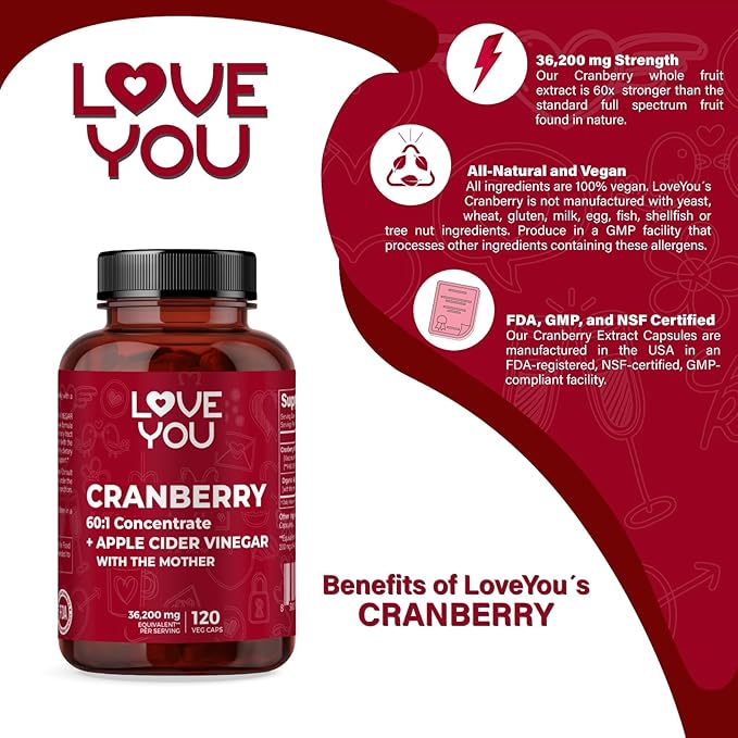 Love You Cranberry 60:1 Extract + Organic Apple Cider Vinegar – Max Strength 36,200 mg Equivalent – 120 Vegan Capsules – Urinary Tract & Digestive Support
