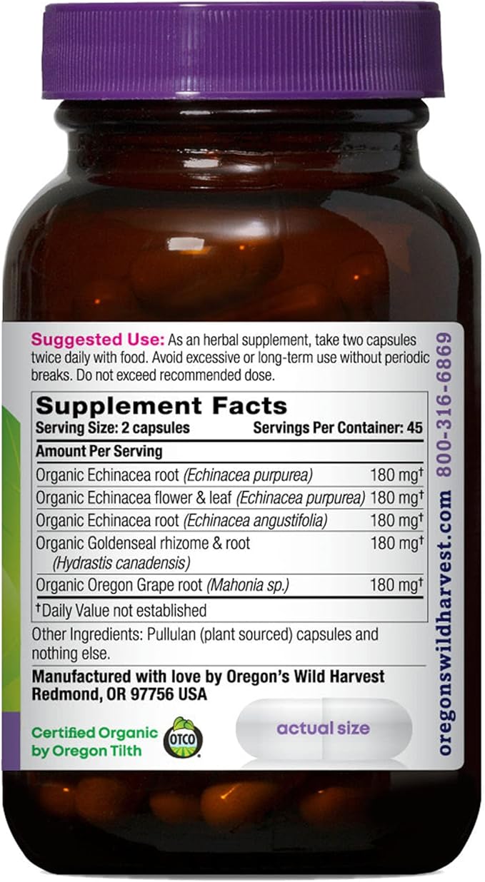 Oregon's Wild Harvest Echinacea Goldenseal Organic Capsules | Vegan, Non-GMO, Gluten Free, Immune Support*, 90 Count