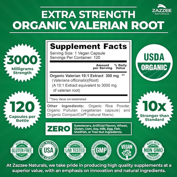 Zazzee USDA Organic Valerian Root 10:1 Extract, 3000 mg Strength, 120 Vegan Capsules, 4 Month Supply, Valeriana officinalis, 10X Potency, 100% Vegetarian, All-Natural, Non-GMO, Made in The USA