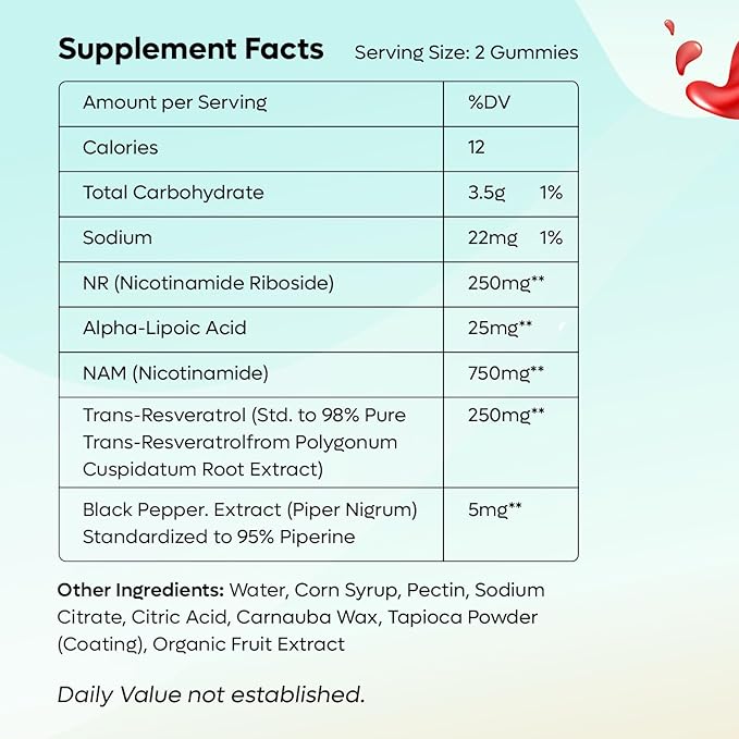 NAD Gummies, NAD Supplement 1000MG, Suger Free NAD+ Gummies, Nicotinamide riboside Resveratrol, Vitamin b3, Anti Aging Supplement, Energy Brain Boost, Watermelon Flavor