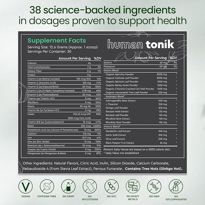 100% Natural Greens Superfood Powder – Daily Supplement with 38 Superfoods, Vitamins and Minerals – Supports Energy, Stress and Immunity – 30 Days 360 Grams Berry Flavor (1 Tub)