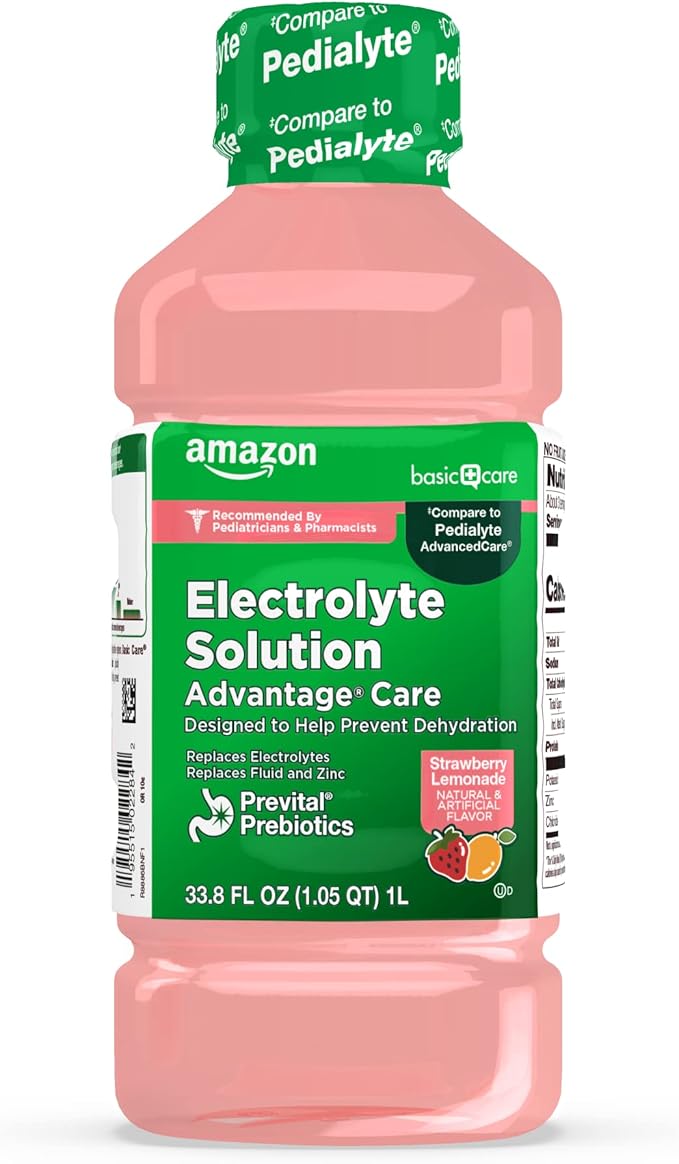Amazon Basic Care Advantage Care Electrolyte Solution with Prevital Prebiotics, Strawberry Lemonade, Hydration Drink, Replenish Electrolytes, Fluid & Zinc, 33.8 fl oz (Pack of 1)