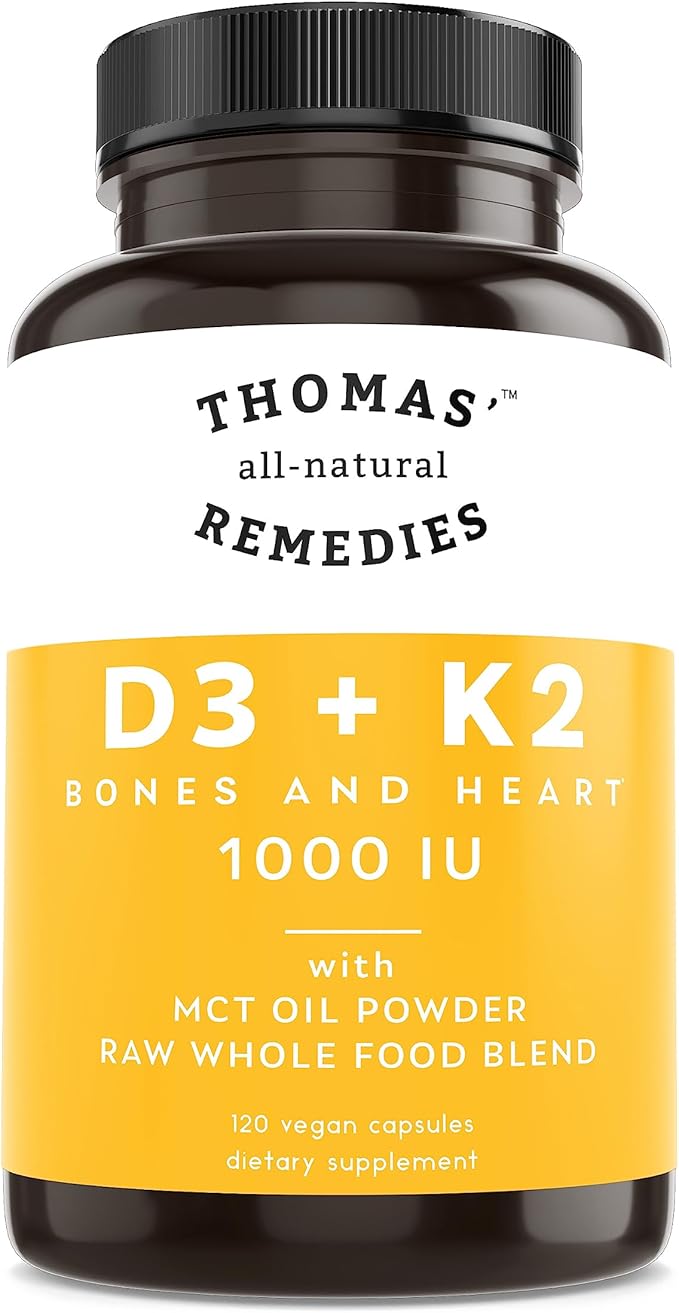 Thomas' all-natural Remedies D3 + K2 with MCT Oil for Better Absorption & Raw Whole Food Blend, 1000 IU D3, Vegan, Made in USA, Support for Your Heart, Bones & Teeth, Non-GMO (120ct)