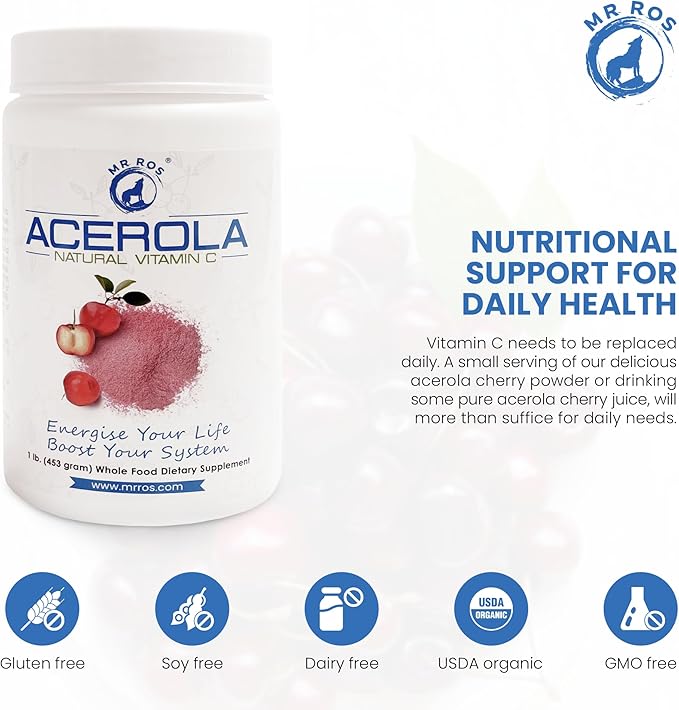Natural Vitamin C | Acerola Cherry Naturally Grown Powder 1 Lb (16 Oz - 453 Grams) - Origin Nobel Prize Winner Immune System Booster, Non-GMO Whole Food Vitamin C Supplement