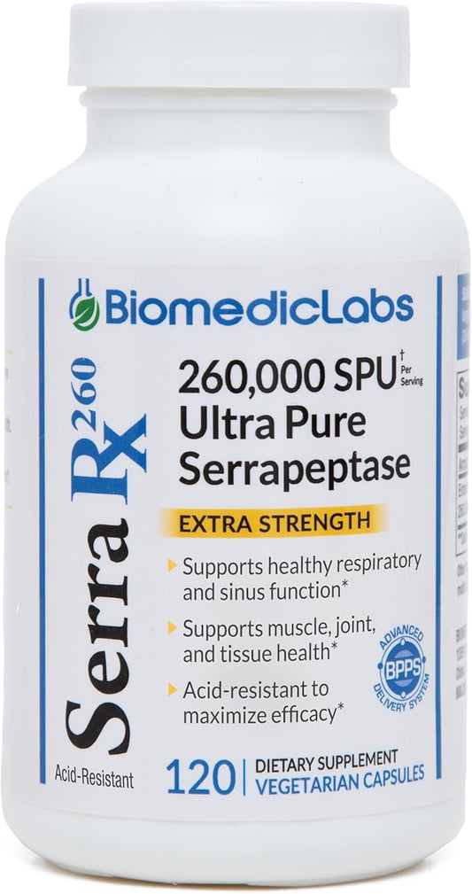 Serra-RX 260,000 SU Serrapeptase - 120 Veg Capsules Acid-Resistant Proteolytic Systemic Enzyme, Non-GMO, Gluten Free, Vegan, Supports Sinus, Immune & Lung Health