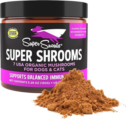 Super Snouts Super Shrooms Mushroom Immune Support Supplement for Dogs and Cats, 5.29 oz - Made in USA Organic Non-GMO, Immune Health, Strong Immunity, 7 Mushroom Blend Powder