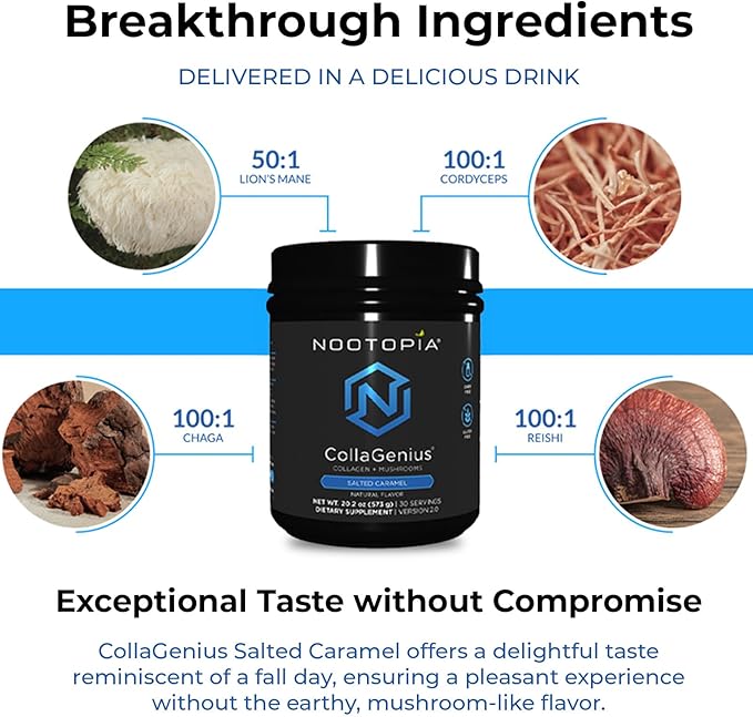 Collagenius v 2.0 - Blended Powder of 4 Mushrooms, Collagen & Superfoods - Brain Supplement Supports Focus, Memory, Hair, Skin - Salted Caramel 15 Servings