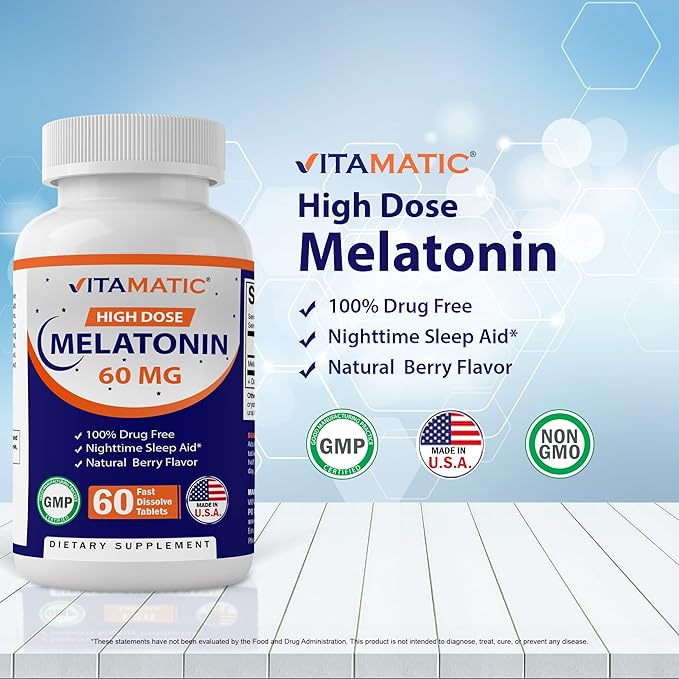 Vitamatic Melatonin 60 mg Fast Dissolve Tablets - 60 Vegan Natural Berry Flavor Tablets - Non-Habit Forming - Non-GMO, Gluten Free (2 Bottles)