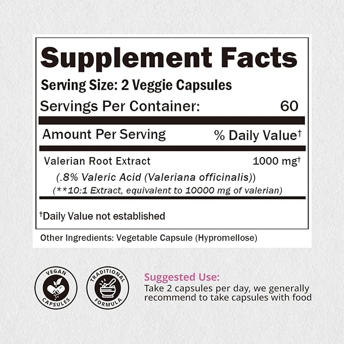 Valerian Root Capsules -Equivalent to 1,0000mg, 4X Concentrated Extract - Highly Concentrated, 120 Capsules