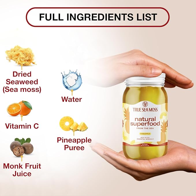 TrueSeaMoss Sea Moss Gel – Made in USA – Wildcrafted Seamoss, Fresh Fruits & Sea Vegetables – Pineapple, Pack of 5 (Labels may Vary)