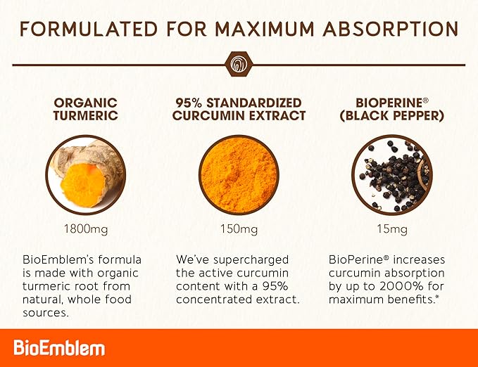 BioEmblem Turmeric Curcumin Supplement with BioPerine and Joint Support
