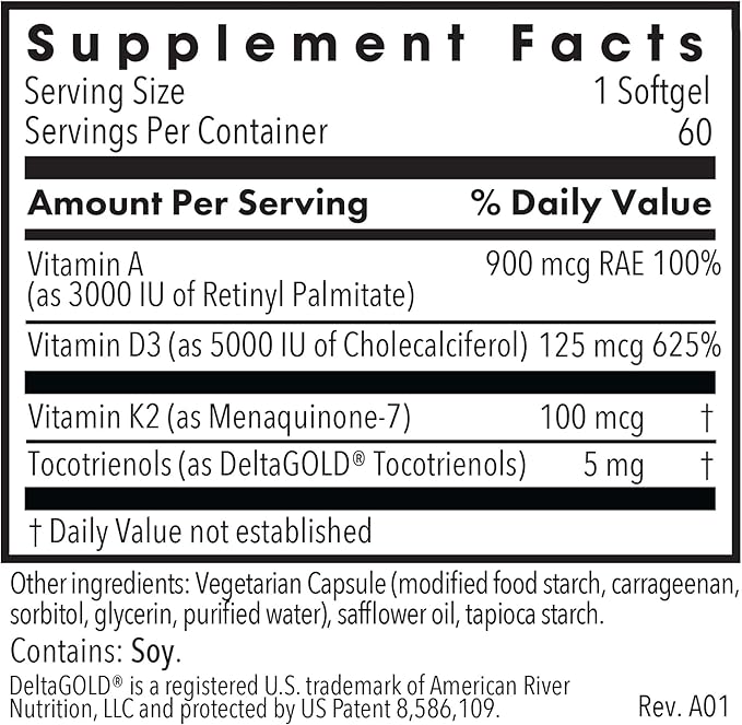 Allergy Research Group Vitamin D3 Complete 5000 IU - Vitamin D3 and K2 Supplement, Daily Balance, with Vitamin A, DeltaGold Tocotrienols, High Potency, Veggie Softgels - 60 Count
