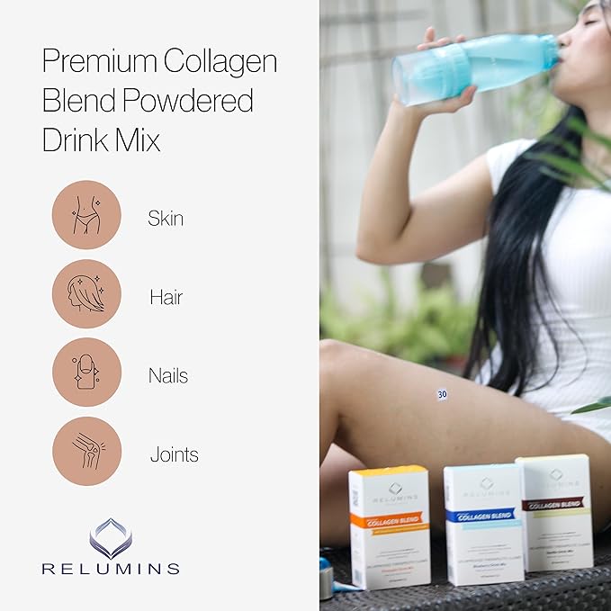 Relumins Marine Collagen Powder Drink Mix - Collagen Peptide with Glutathione, Green Tea, CoQ10, & Hyaluronic Acid Boosts Smooth Glowing Skin - 10 Powder Sachets x Pineapple Flavored