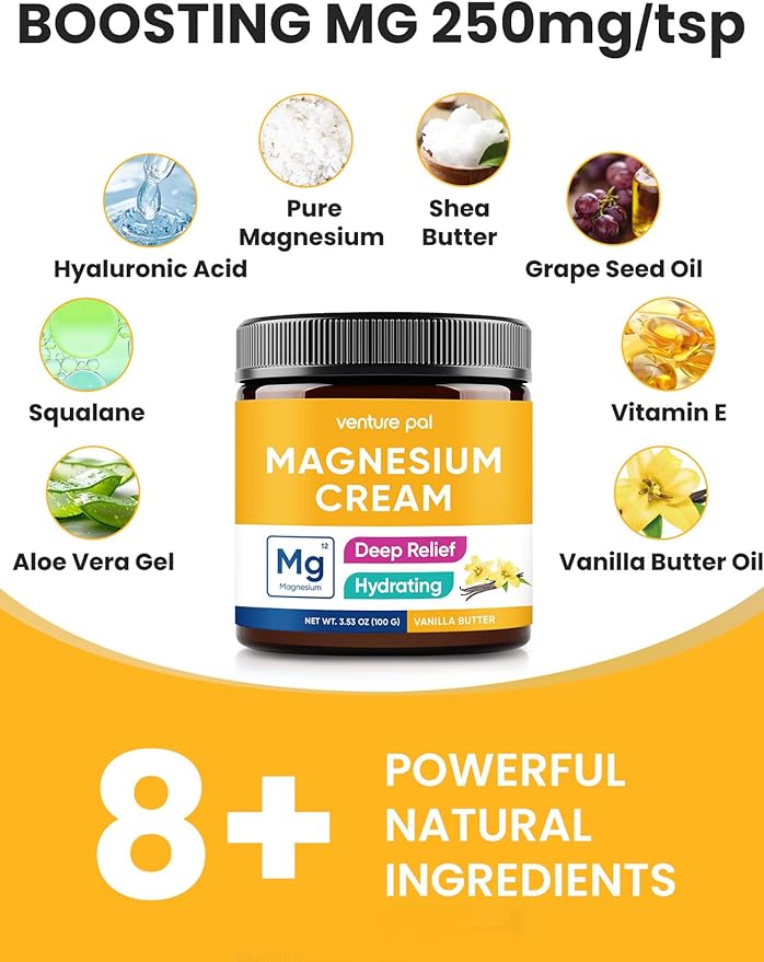 Venture Pal Magnesium Lotion, Topical Magnesium Cream for Sleep, Leg Cramps & Pain, Muscle Relaxation, Calm, Moisturizing Supplement with Coconut Oil, Shea Butter & Hyaluronic Acid, Safe for Kids