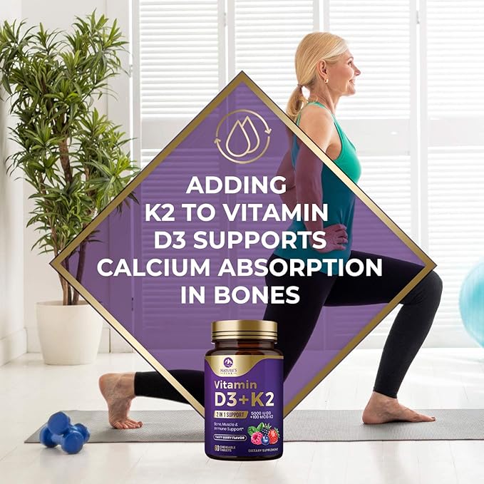 Vitamin D3 5000 iu Plus K2 (MK-7) 100 mcg - 2 in 1 Vitamins D & K Complex - Supports Calcium Absorption, Bone, Immune, & Heart Health – Made in the USA, Non-GMO, Easy to Swallow - 60 Chewable Tablets