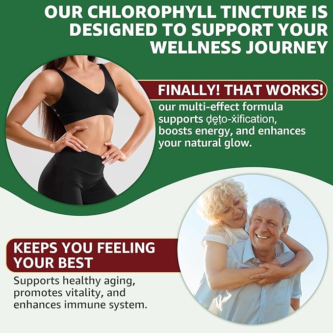 Organic Chlorophyll Liquid Drops Liposomal for Women & Men, 6-in-1 Greens Superfood Vegan Chlorophyll w/Spirulina, Wheat Grass, Vitamin C B12 A for Internal Deodorant*, Energy,Digestive,2Packs/4 Fl Oz