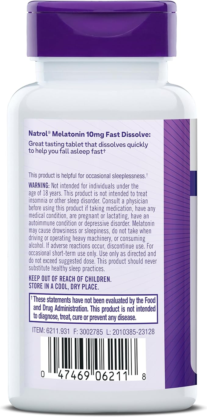 Natrol Fast Dissolve Melatonin 10 mg, Melatonin Supplements for Restful Sleep, Sleep Support for Adults, 60 Strawberry-Flavored Tablets, Up to a 60 Day Supply